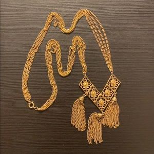 70s Faux Gold Tassel Chevron Deep V Necklace